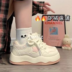 粉色星星加绒小白鞋女冬季保暖高颜值复古爆款厚底运动板鞋ins潮