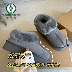 啄木鸟 灰色厚底毛毛雪地靴冬2025新款一脚蹬加绒加厚大棉鞋面包鞋