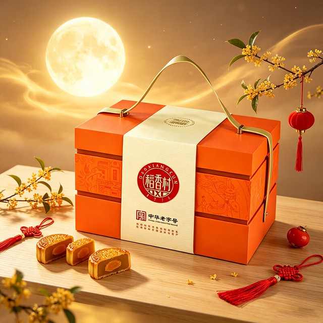 中秋送好礼：稻香村 广式蛋黄莲蓉枣蓉豆沙月饼 1400g 礼盒
