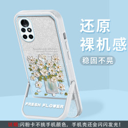 适用荣耀V40 支架闪粉油画花半透硅胶软壳全包摄像头