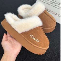 十一步 美拉德增高棉拖鞋女秋冬家居毛毛绒雪地靴保暖防滑刺绣棉鞋