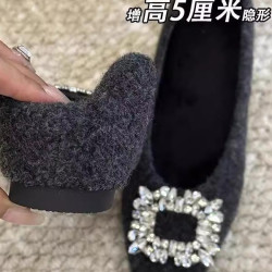 小个子内增高5CM方扣毛毛鞋女冬季加绒保暖绒面浅口玛丽珍单鞋女