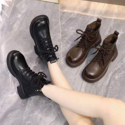 秋冬新款百搭简约系带加绒平底马丁靴女款英伦风厚底短靴