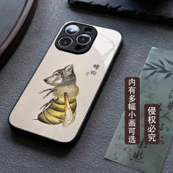 蜂狗鲨猫图彩铅国风苹果玻璃手机壳小米华为搞笑可爱趣味搞怪潮牌