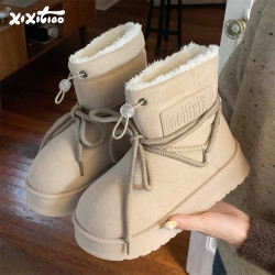细细条 系带雪地靴女冬时尚百搭加绒加厚底马丁靴保暖中筒棉靴ins