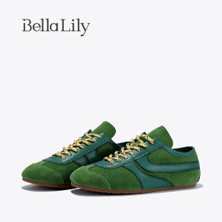 Bella Lily BellaLily春季新款真皮显瘦德训鞋女休闲板鞋流行轻便平底鞋