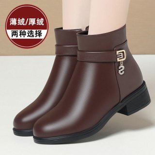 妈妈鞋短靴粗跟加绒棉鞋秋冬季中老年中年女鞋真皮软底女士皮鞋子