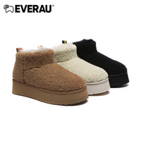 EVERAU 冬季女士毛毛厚底时尚保暖雪地靴迷你短筒平底女鞋EA3146
