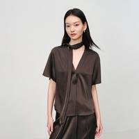 EP YAYING EP雅莹女装 三醋酸缎感V领上衣一粒扣短袖外套