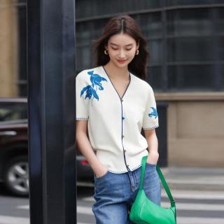 限尺码：EP YAYING EP雅莹女装 醋酸珠光感短袖开衫 V领凉感醋酸棉罩衫