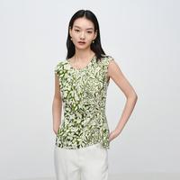 EP YAYING EP雅莹女装 弹力桑蚕丝印花褶皱圆领无袖收腰衬衫