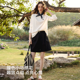 OLRAIN欧芮儿 纯棉圆领撞色绣花长袖T恤