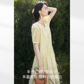对白 法式V领碎花宽松短袖连衣裙