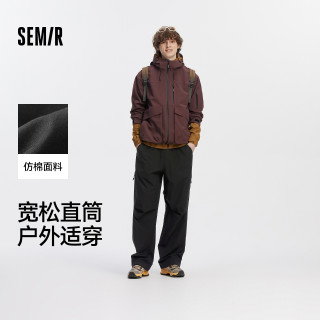 森马 休闲裤男秋季橡筋裤腰宽松直筒裤膝部收褶长裤户外机能工装裤