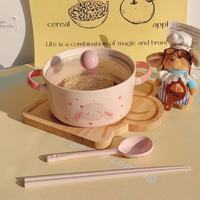 欧因 ins风情侣闺蜜陶瓷泡面碗带盖勺学生宿舍方便面碗双耳螺蛳粉汤碗 双耳面碗-粉色小象（带盖）+勺筷 800ml