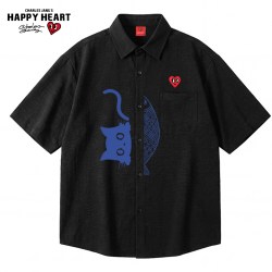 CHARLES JANG'S HAPPY HEART 猫咪小鱼短袖衬衫男夏季2026新款凉感透气宽松休闲上衣