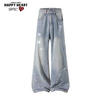移动端：CHARLES JANG'S HAPPY HEART 美式街头复古风印花直筒牛仔裤男女款春秋夏季宽松长裤