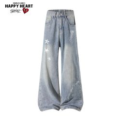 CHARLES JANG'S HAPPY HEART 美式街头复古风印花直筒牛仔裤男女款春秋夏季宽松长裤