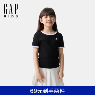 Gap 女童春季款纯棉小熊刺绣撞色短袖T恤儿童装美版746924 黑色 120 /64(6-7岁)