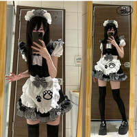 JPNTKY 日系洋气可爱cos女仆套装夏季新款泡泡袖连衣裙子叠穿围裙jk制服 黑色六件套+丝袜+围脖+铃铛 M