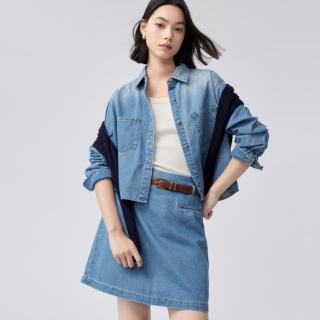 伊芙丽 短款复古截断水洗牛仔全棉衬衫女2024秋装时髦小上衣