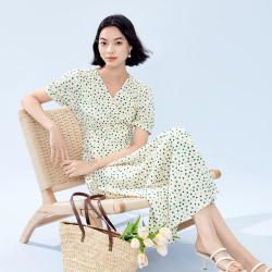 伊芙丽 V领泡泡袖波点显瘦法式碎花连衣裙25夏装气质仙女裙
