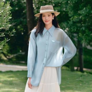 伊芙丽 朱珠代言长袖衬衫直筒通勤粘纤衬衫女夏装