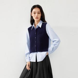 限尺码：伊芙丽 复古绞花学院风叠穿绵羊毛假两件春日衬衫上衣女2024春装