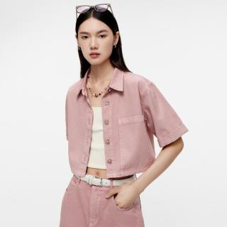 伊芙丽 POLO领截短短袖气质百搭粉色牛仔衬衫女夏