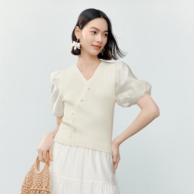 伊芙丽 【新中式假两件】网纱V领针织衫 夏