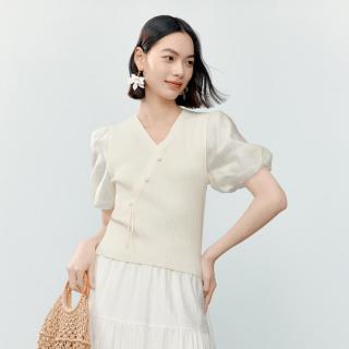 伊芙丽 【新中式假两件】网纱V领针织衫 夏