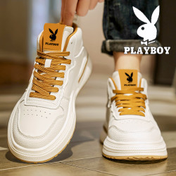PLAYBOY 高帮男鞋2026秋季新款小白鞋男款休闲运动老爹鞋增高鞋板鞋子男 白咖色 39 (245mm)