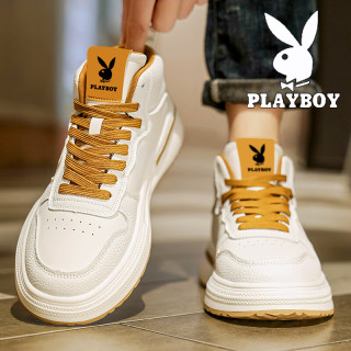 PLAYBOY 高帮男鞋2026秋季新款小白鞋男款休闲运动老爹鞋增高鞋板鞋子男 白咖色 39 (245mm)
