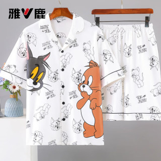 雅鹿 男士睡衣短袖裤夏季夏天薄款学生卡通青少年加肥加大码家居服套装 8802男款（主图） X