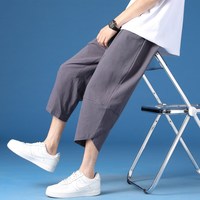 月伊纺 夏季新款男宽松直筒七分裤青年100%纯棉薄款休闲裤学生棉麻运动裤