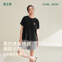 安之伴 100%纯棉夏季睡衣女圆领短袖短裤宽松家居服 基本黑