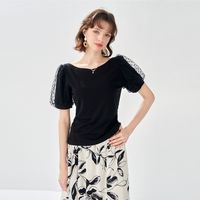 纳纹 2025夏款网纱拼接包肩袖圆领短袖上衣时尚气质百搭T恤女