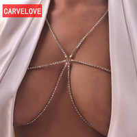 CARVELOVE欧美时尚品水钻文胸链夏季沙滩度假风比基尼闪钻身体链服装配饰 金色