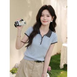 鹿向南 气质浅蓝色短袖针织衫女夏季新款修身撞色T恤上衣女