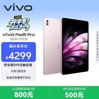 vivo Pad5 Pro 13.0英寸 OriginOS HD 平板电脑 标准版 (3096*2064、天玑9400、16GB、512GB、WiFi版、云霞粉)