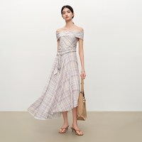 自巧 小个子格纹网纱一字肩收腰连衣裙女2026夏季新款