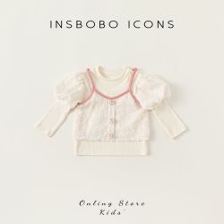 insbobo 女童春秋新品泡泡袖打底衫吊带两件套小童甜美长袖上衣潮