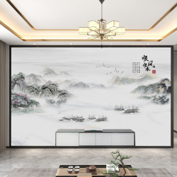 新中式电视背景墙壁布3d山水顺风顺水壁纸客厅茶室沙发墙定制壁画