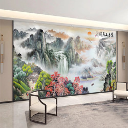 新中式电视背景墙壁布沙发山水迎客松影视墙壁画公司办公室3D墙纸