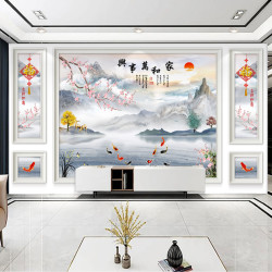 中式电视背景墙壁画五宫格边框高档影视墙3d立体墙贴自粘浮雕壁布