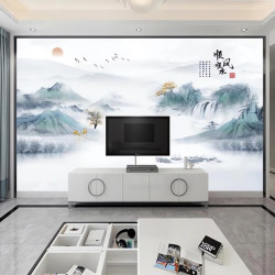 高级感壁纸中式大气客厅壁画批发墙贴纸背景墙装饰画客厅山水画