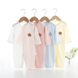夏季婴儿连体衣长袖薄款空调服0-12个月宝宝哈衣爬服透气吸汗竹棉