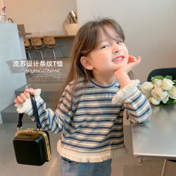 女童装T恤2025春秋季新款儿童流苏条纹长袖宝宝中小童打底衫上衣
