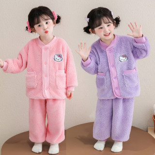 儿童法兰绒家居服秋冬季公主小女孩宝宝加厚款套装女童珊瑚绒睡衣