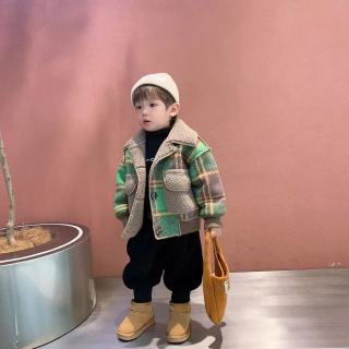 儿童加绒外套秋冬新款绿格子翻毛夹克男童女童韩版